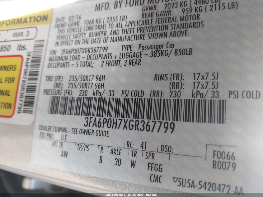2016 FORD FUSION SEDAN 2.5L I-4 DOHC, VVT, REGULAR , 175HP