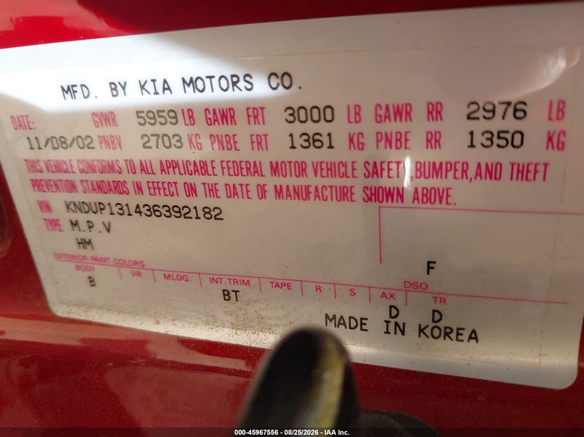 KIA SEDONA 2003 VIN KNDUP131436392182