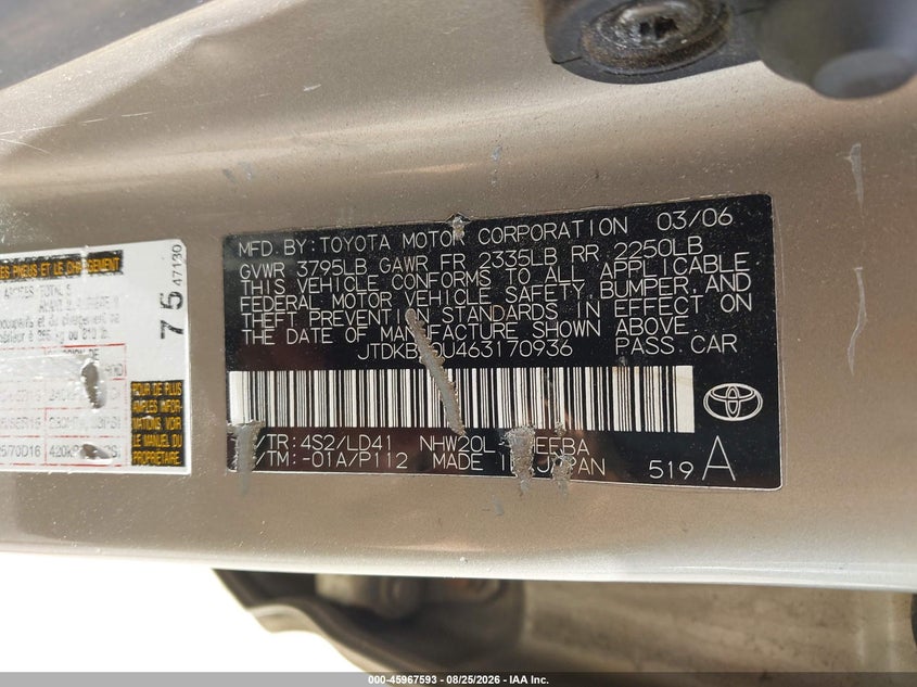 TOYOTA PRIUS 2006 VIN JTDKB20U463170936