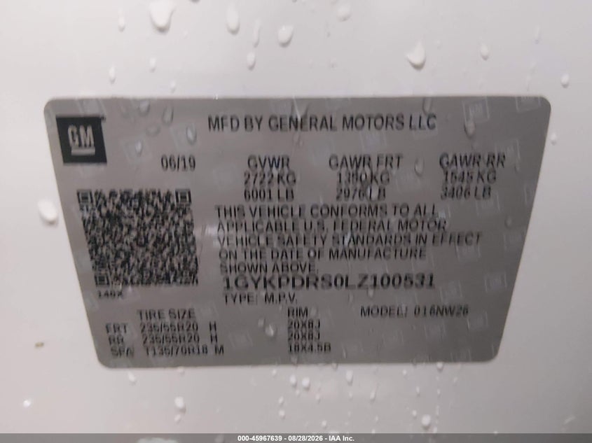 CADILLAC XT6 2020 VIN 1GYKPDRS0LZ100531