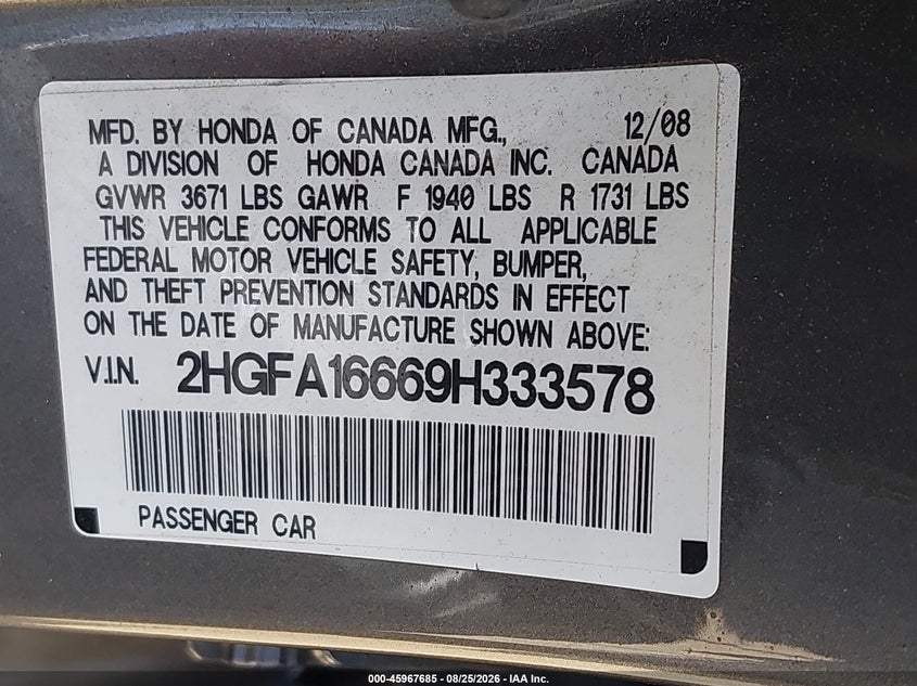 2009 HONDA CIVIC SEDAN 1.8L I-4 VVT, REGULAR , 140HP