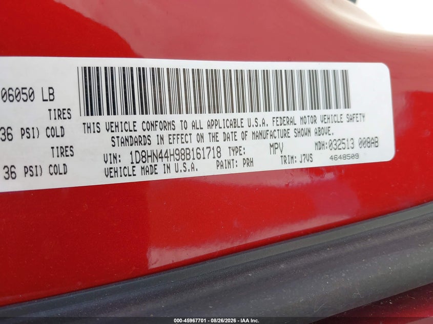 DODGE GRAND CARAVAN 2008 VIN 1D8HN44H98B161718
