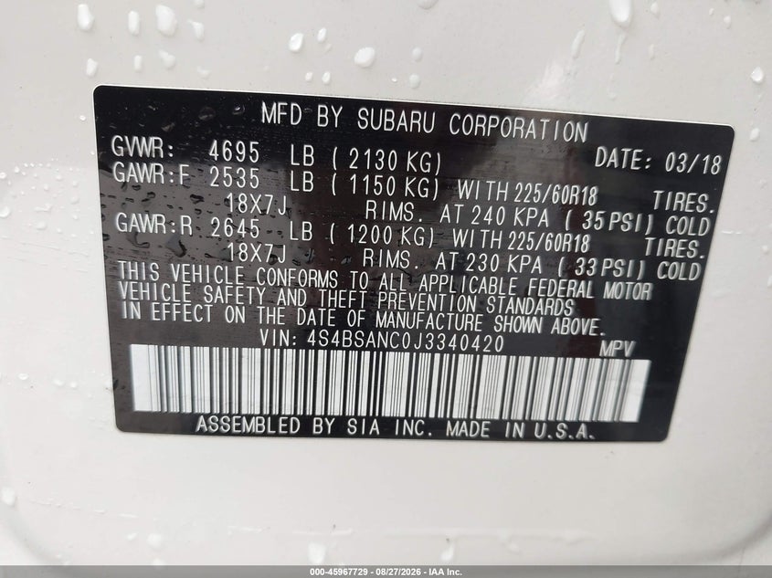 2018 SUBARU OUTBACK SPORT UTILITY VEHICLE 2.5L H-4 DOHC, VVT, 175HP