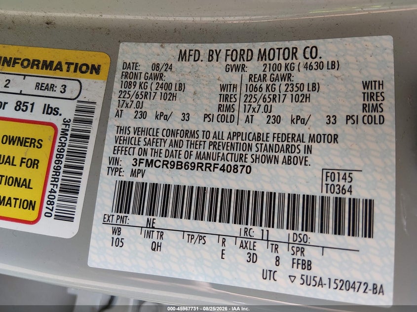FORD BRONCO SPORT 2024 VIN 3FMCR9B69RRF40870