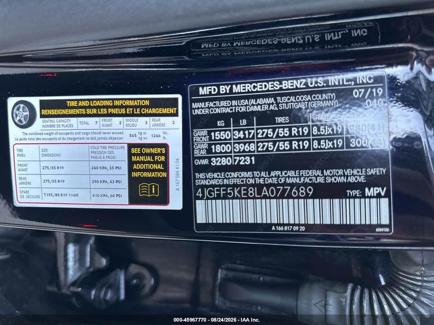 MERCEDES-BENZ GLS 450 2020 VIN 4JGFF5KE8LA077689