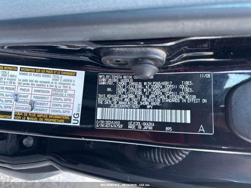 LEXUS GX 470 2009 VIN JTJBT20XX90176007