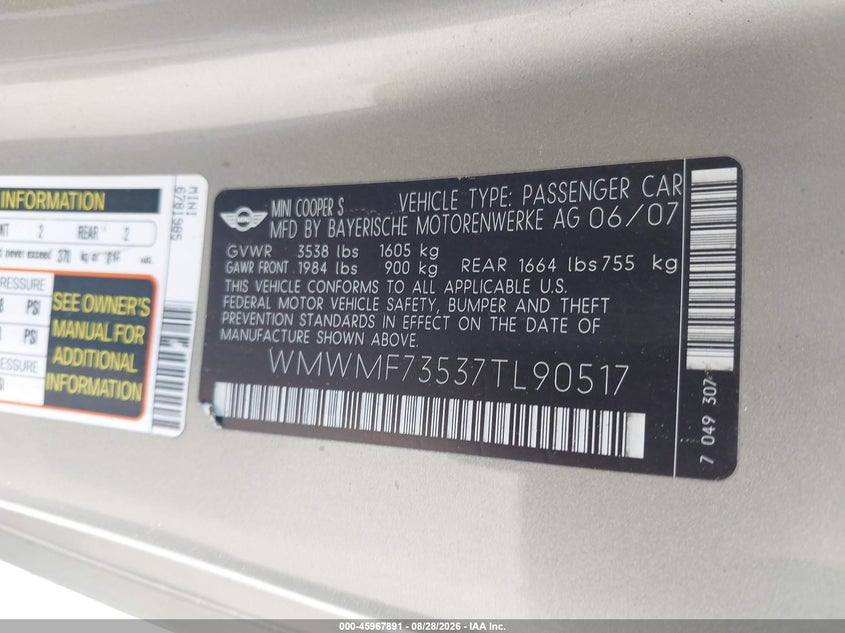 MINI COOPER S 2007 VIN WMWMF73537TL90517