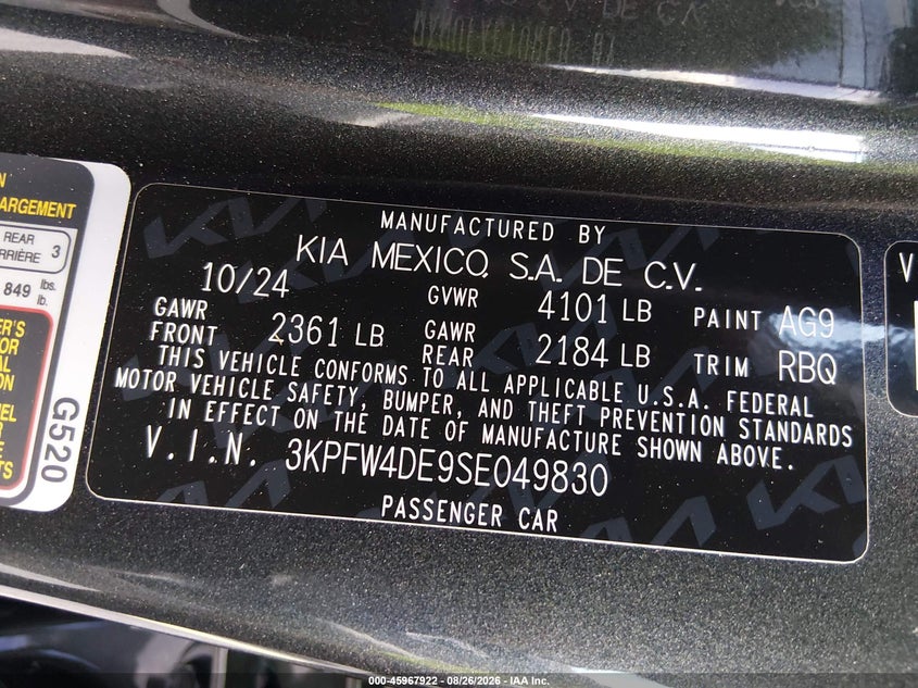 KIA K4 2025 VIN 3KPFW4DE9SE049830