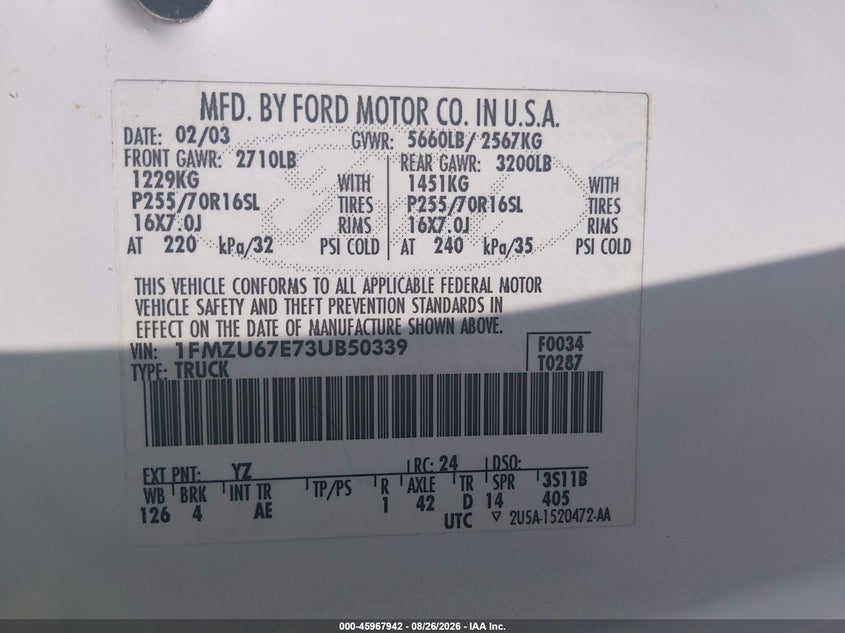 FORD EXPLORER SPORT TRAC 2003 VIN 1FMZU67E73UB50339