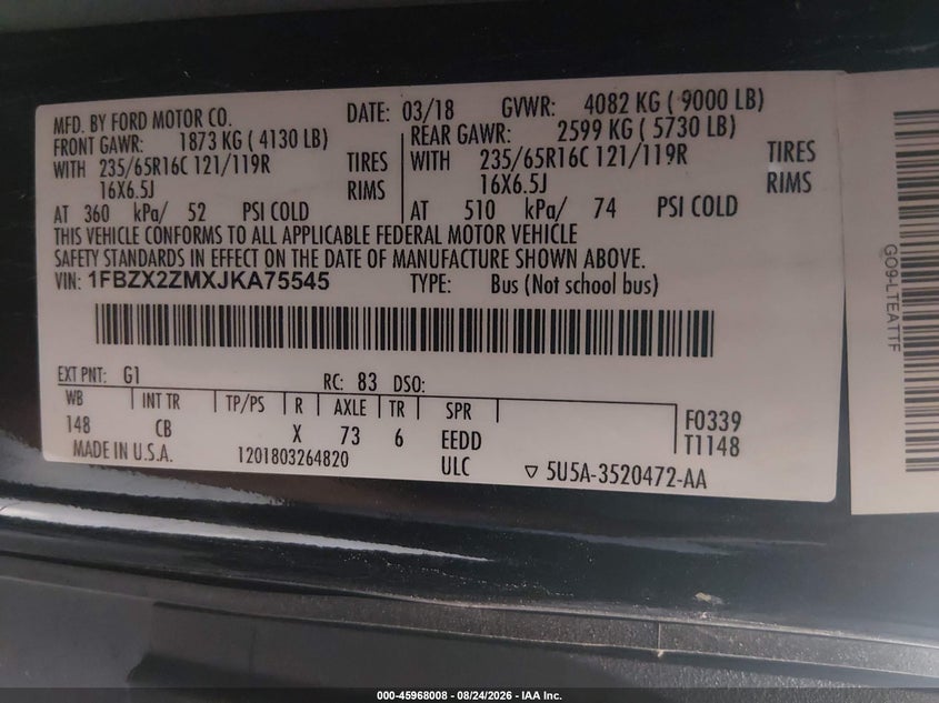FORD TRANSIT-350 2018 VIN 1FBZX2ZMXJKA75545