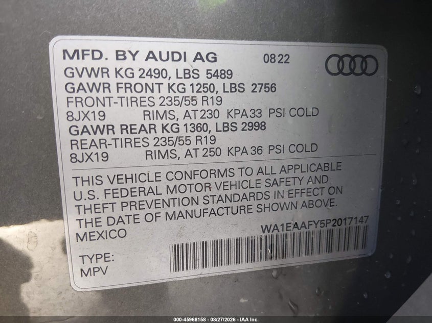 AUDI Q5 2023 VIN WA1EAAFY5P2017147
