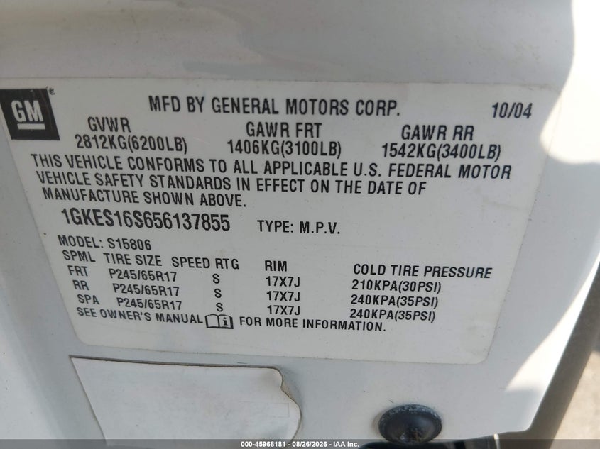 GMC ENVOY XL 2005 VIN 1GKES16S656137855