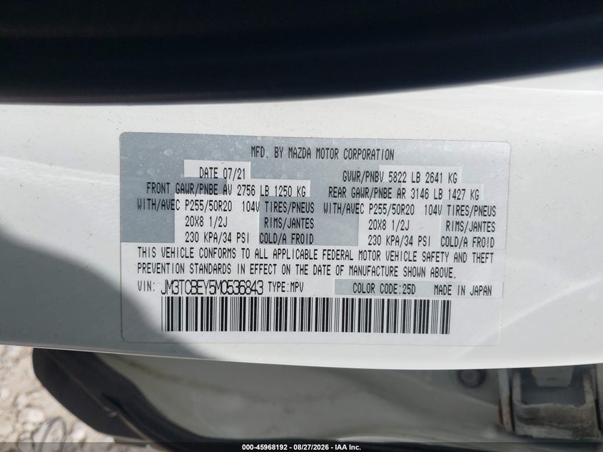 MAZDA CX-9 2021 VIN JM3TCBEY5M0536843