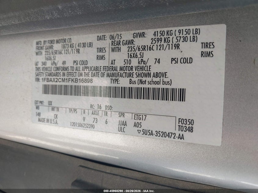 FORD TRANSIT-350 2015 VIN 1FBAX2CM1FKB16898