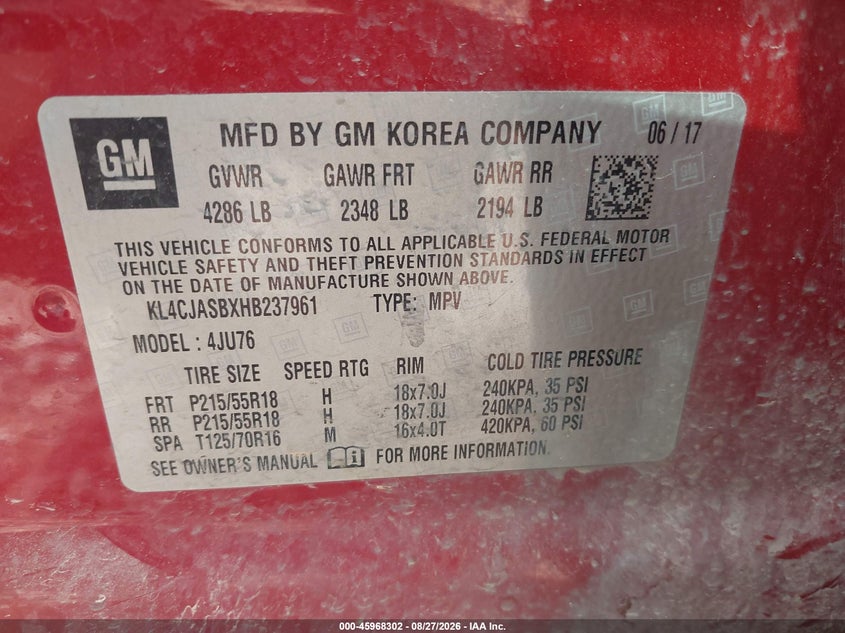 BUICK ENCORE 2017 VIN KL4CJASBXHB237961