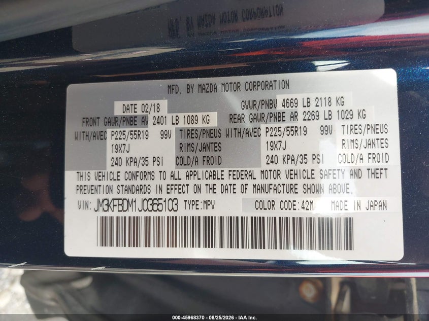MAZDA CX-5 2018 VIN JM3KFBDM1J0365103