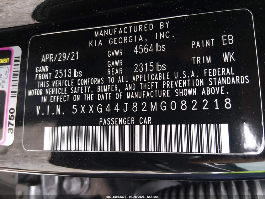 KIA K5 2021 VIN 5XXG44J82MG082218