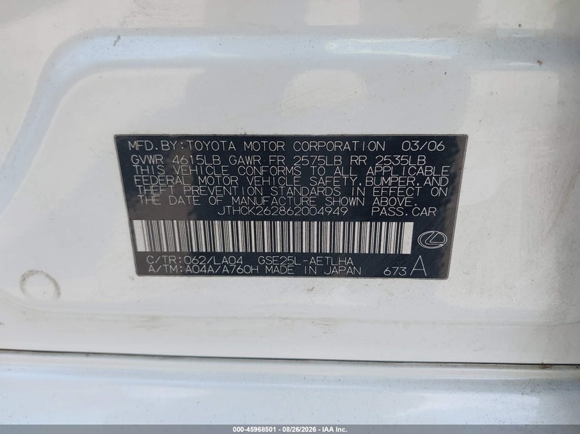 LEXUS IS 250 2006 VIN JTHCK262862004949