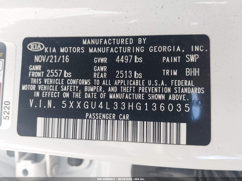 2017 KIA OPTIMA SEDAN 2.4L I-4 DI, DOHC, VVT, REGULAR , 185HP