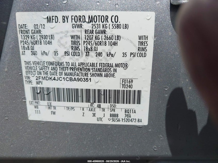 FORD EDGE 2012 VIN 2FMDK4JC1CBA90351