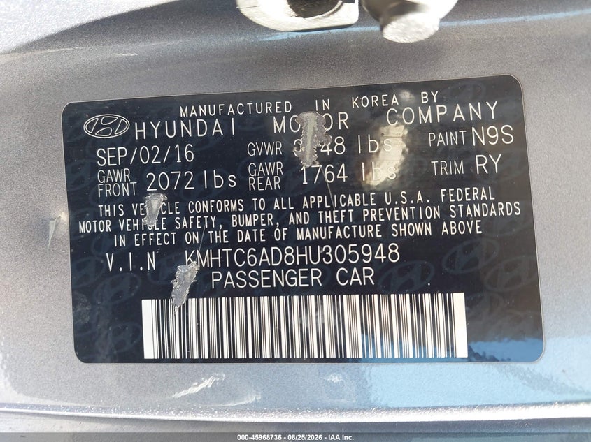 HYUNDAI VELOSTER 2017 VIN KMHTC6AD8HU305948