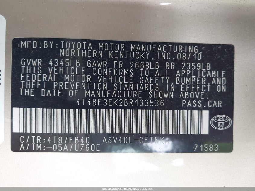 2011 TOYOTA CAMRY SEDAN 2.5L I-4 DOHC, VVT, REGULAR , 169HP