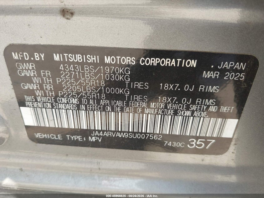 MITSUBISHI OUTLANDER SPORT 2025 VIN JA4ARVAW9SU007562