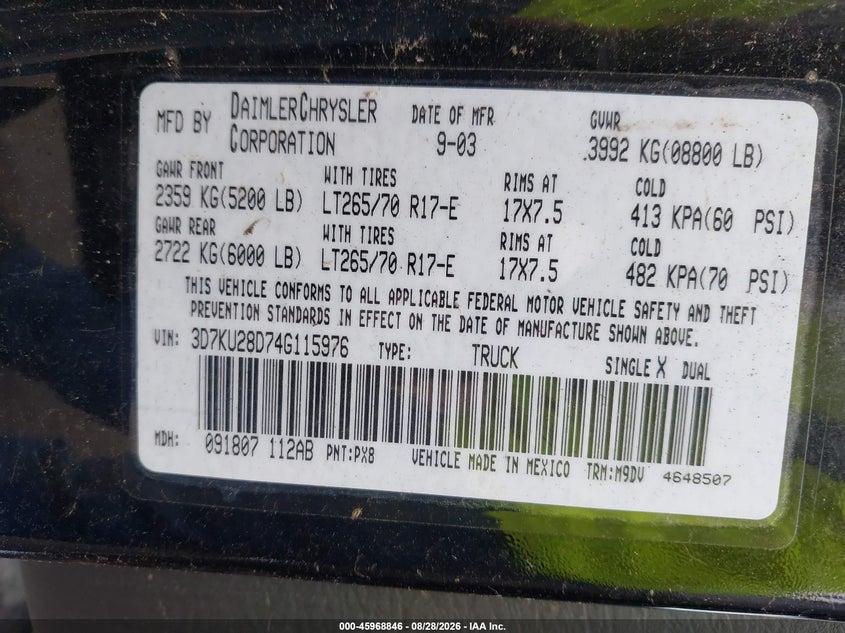 DODGE RAM 2500 2004 VIN 3D7KU28D74G115976
