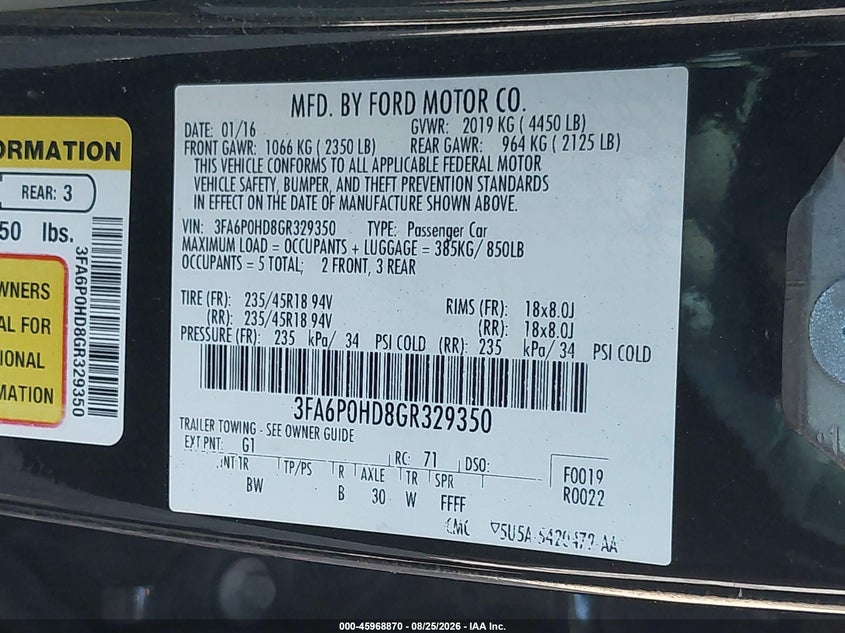 FORD FUSION 2016 VIN 3FA6P0HD8GR329350
