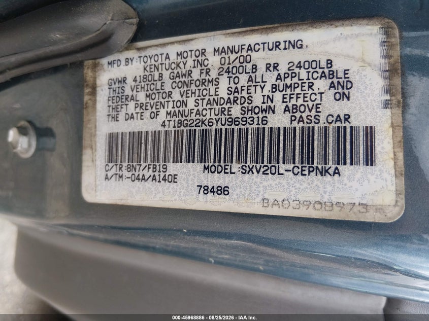 TOYOTA CAMRY 2000 VIN 4T1BG22K6YU969316