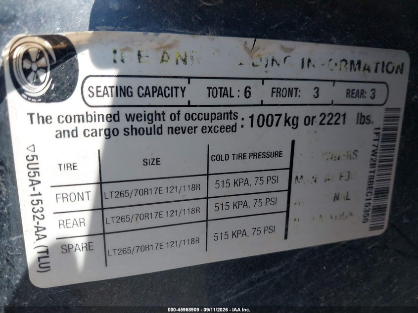 FORD F-250 2011 VIN 1FT7W2BT8BEC15356