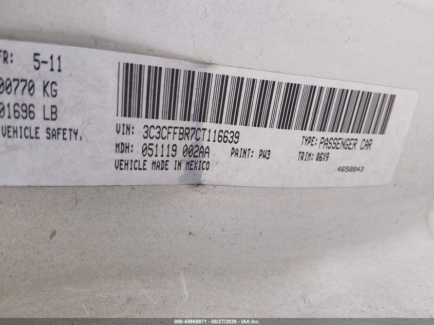 FIAT 500 2012 VIN 3C3CFFBR7CT116639