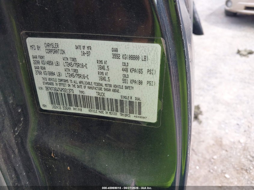 DODGE RAM 2500 1998 VIN 3B7KF26W7WM221373