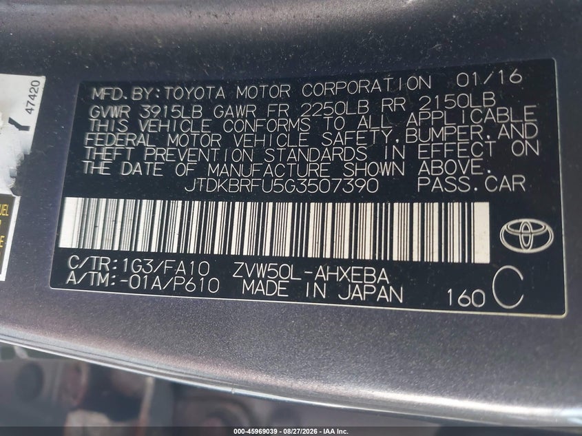 TOYOTA PRIUS 2016 VIN JTDKBRFU5G3507390