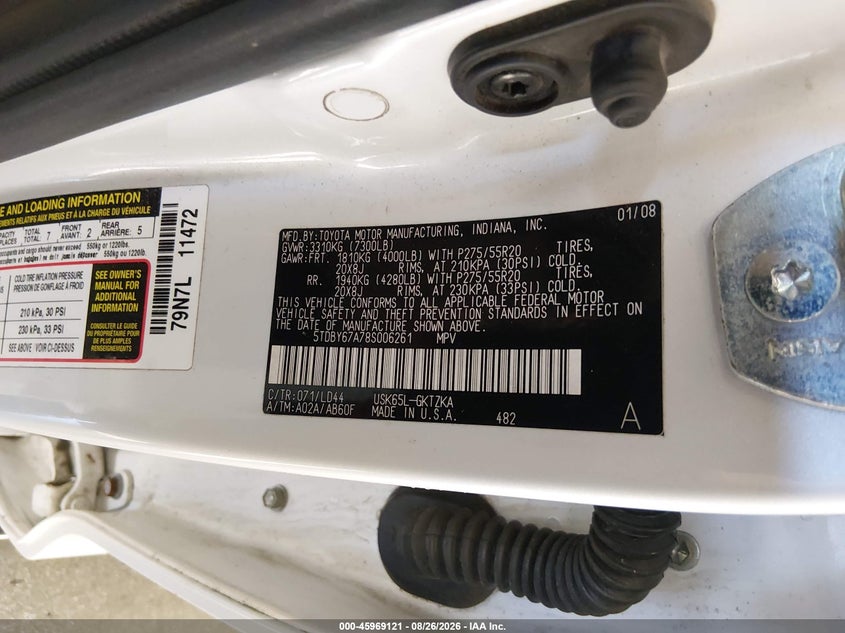 TOYOTA SEQUOIA 2008 VIN 5TDBY67A78S006261