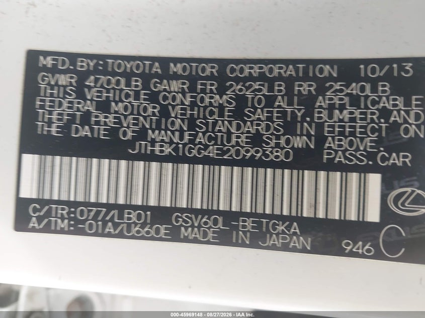 2014 LEXUS ES SEDAN 3.5L V-6 DOHC, VVT, REGULAR , 268HP