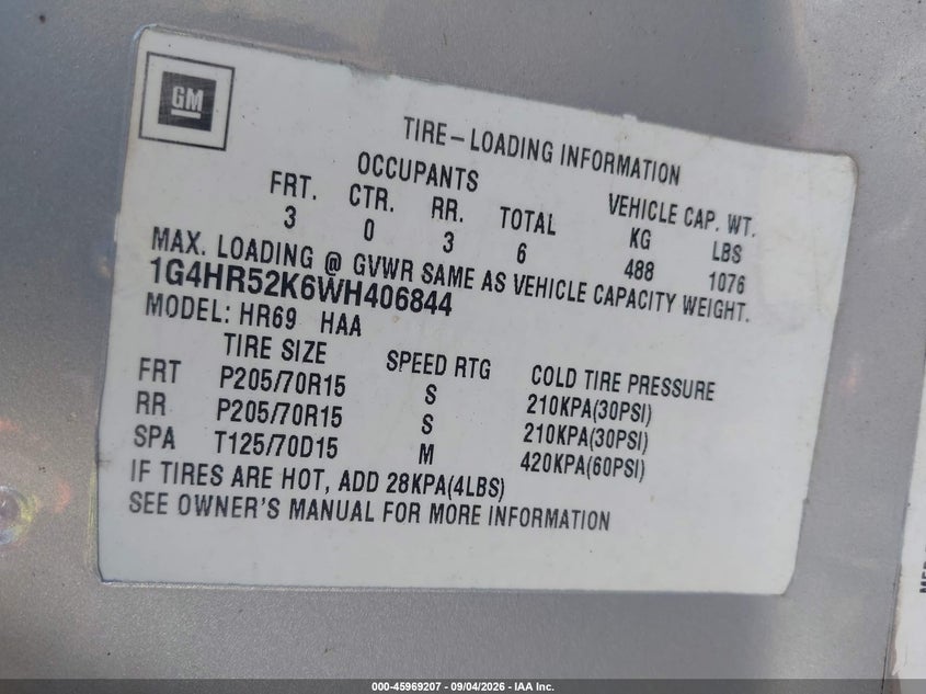 BUICK LESABRE 1998 VIN 1G4HR52K6WH406844