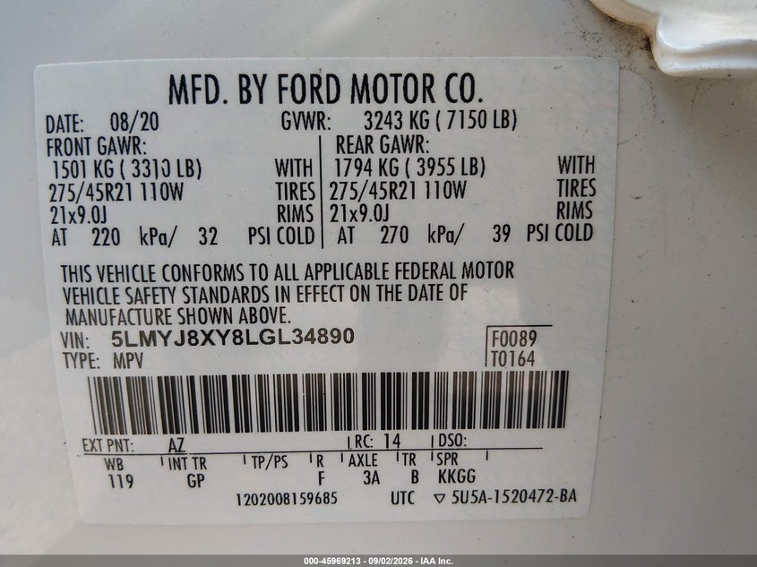 LINCOLN AVIATOR 2020 VIN 5LMYJ8XY8LGL34890