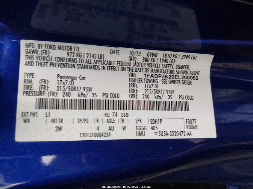 FORD FOCUS 2014 VIN 1FADP3K20EL200062