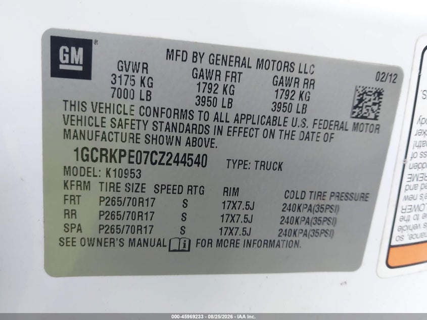 CHEVROLET SILVERADO 1500 2012 VIN 1GCRKPE07CZ244540