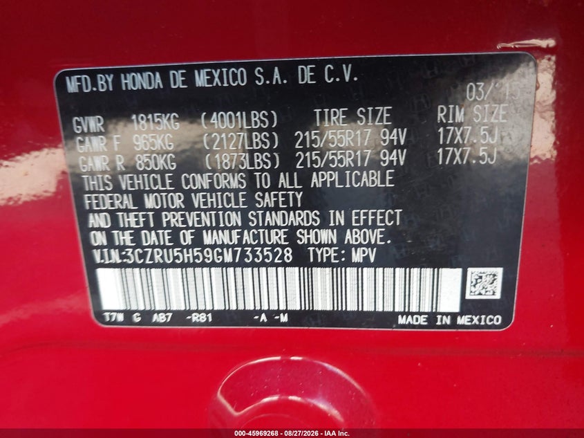 HONDA HR-V 2016 VIN 3CZRU5H59GM733528