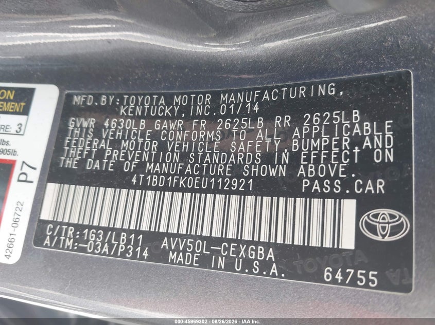TOYOTA CAMRY HYBRID 2014 VIN 4T1BD1FK0EU112921