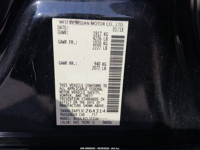 NISSAN ALTIMA 2018 VIN 1N4AL3AP5JC264314