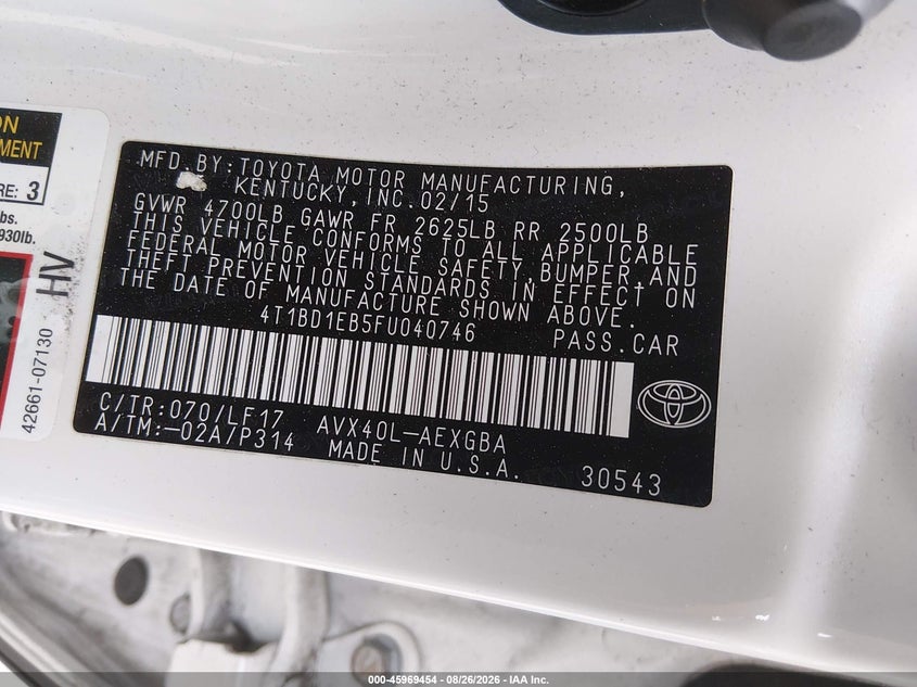 2015 TOYOTA AVALON SEDAN 2.5L I-4 DOHC, VVT, 156HP