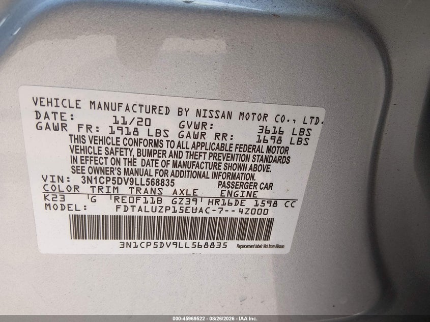 NISSAN KICKS 2020 VIN 3N1CP5DV9LL568835