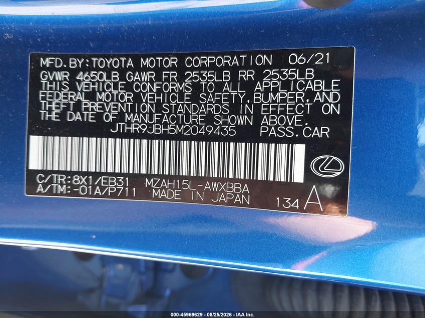LEXUS UX 2021 VIN JTHR9JBH5M2049435