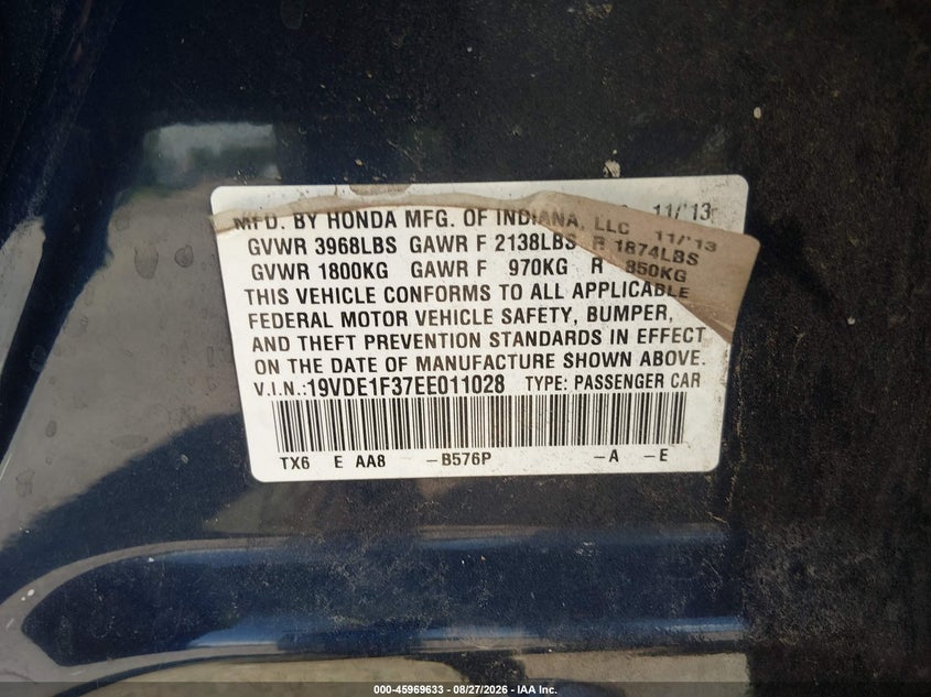 ACURA ILX 2014 VIN 19VDE1F37EE011028