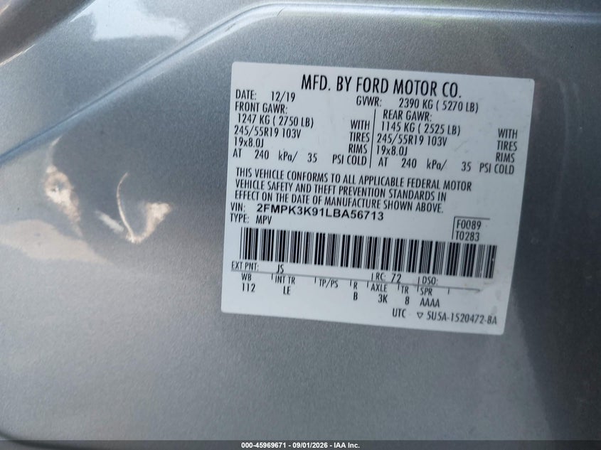 FORD EDGE 2020 VIN 2FMPK3K91LBA56713