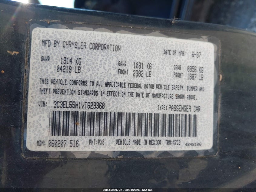 CHRYSLER SEBRING 1997 VIN 3C3EL55H1VT629368