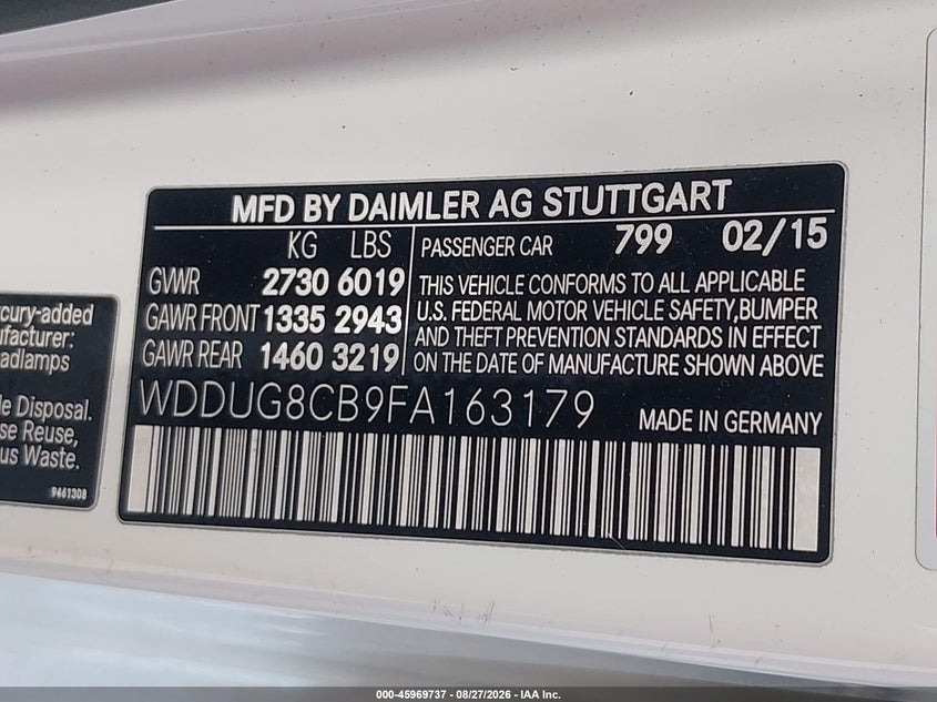 MERCEDES-BENZ S 550 2015 VIN WDDUG8CB9FA163179
